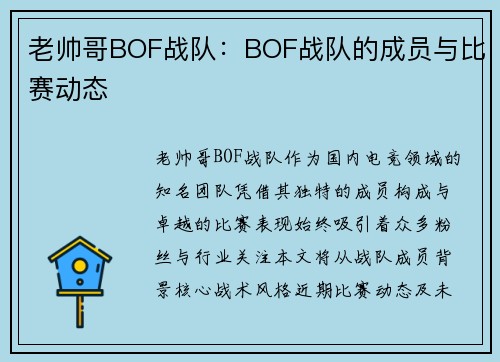 老帅哥BOF战队：BOF战队的成员与比赛动态