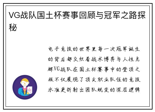 VG战队国土杯赛事回顾与冠军之路探秘