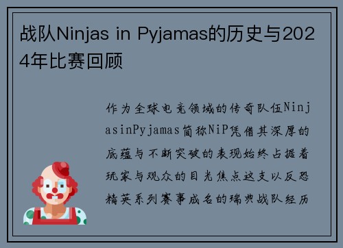 战队Ninjas in Pyjamas的历史与2024年比赛回顾